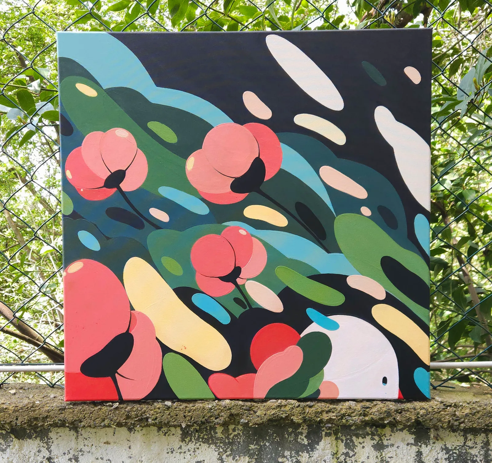 Poppy Garden — acrylic painting of coral poppies among layered green leaves against a dark sky, with a small white face peeking out