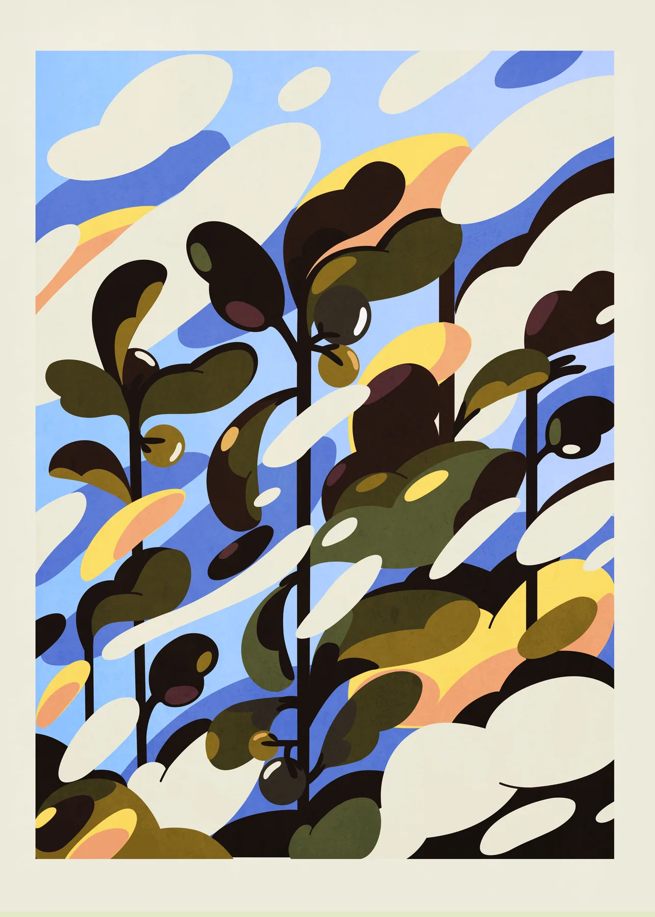 Green Tomatoes & Basil — fine art print of stylised plants with dark leaves against a blue sky with clouds
